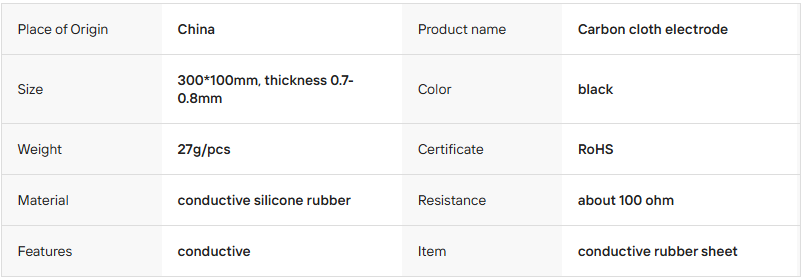 Technical parameters and specifications table for conductive silver thread carbon cloth electrode detailing resistance and dimensions