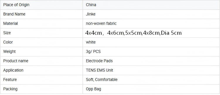 Detailed technical parameters and dimensional specifications of the non-woven TENS electrode pads with pre-attached lead wire