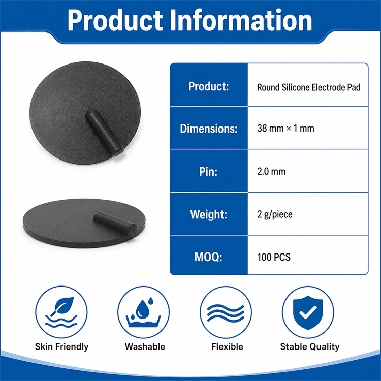 Close-up visual details of the 38mm Round Conductive Silicone Electrode Pad
