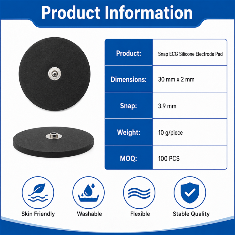 Close-up details of the black conductive silicone and snap button assembly