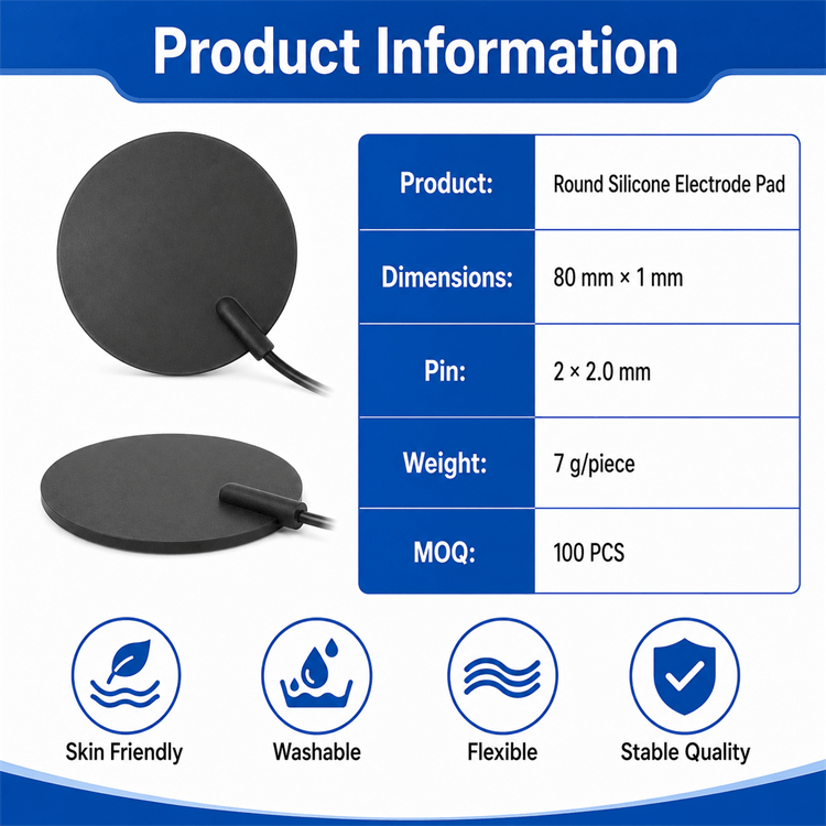 Close-up details of the 80mm round silicone electrode pad surface and connector
