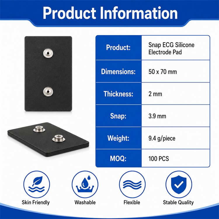 Black 50x70mm reusable ECG electrode pad reverse side and adhesive