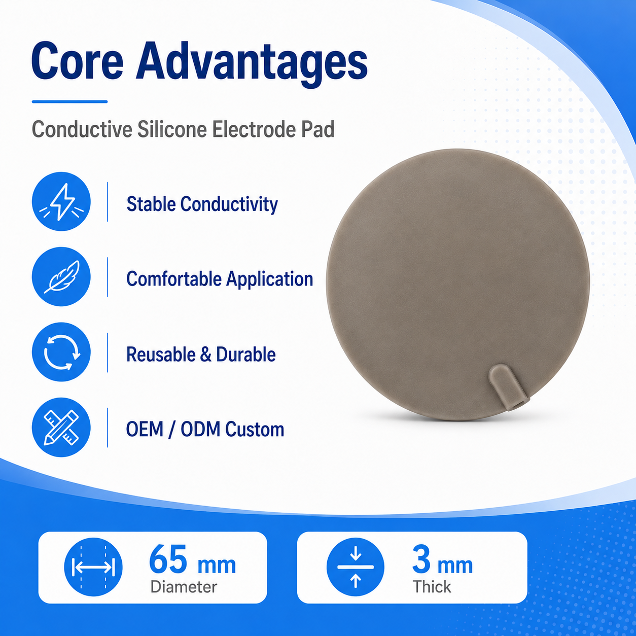 Medical-grade conductive silicone material detailing and flexibility