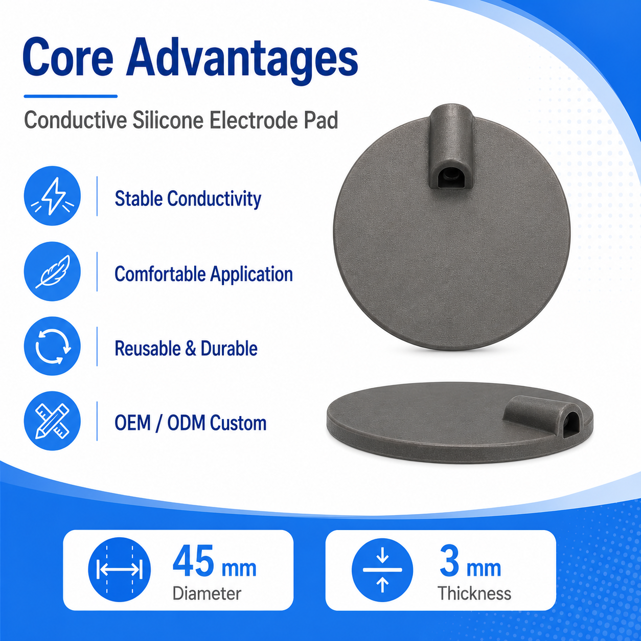45x3mm reusable EMS electrode pad with 2.0mm pin connector