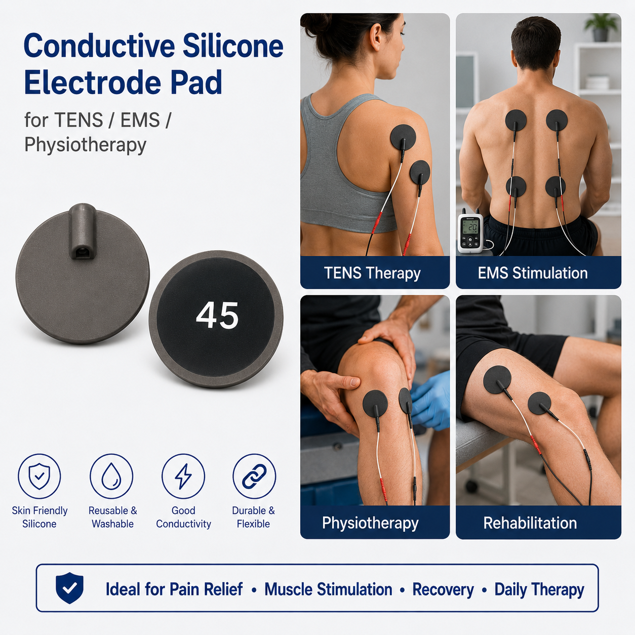 Durable and washable conductive silicone material for repeated electrotherapy use
