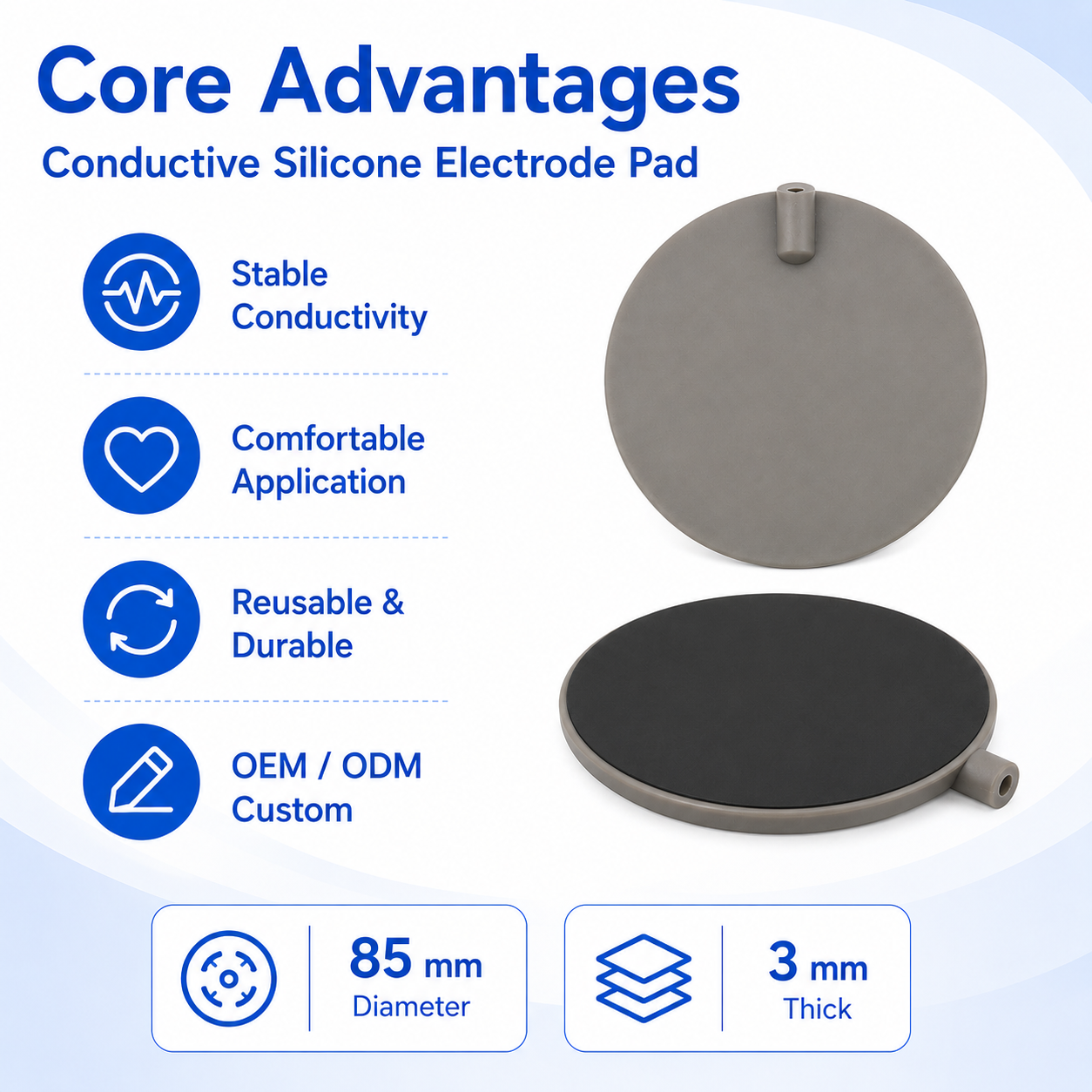 2.0mm pin connector detail on conductive silicone electrode pad for physiotherapy equipment