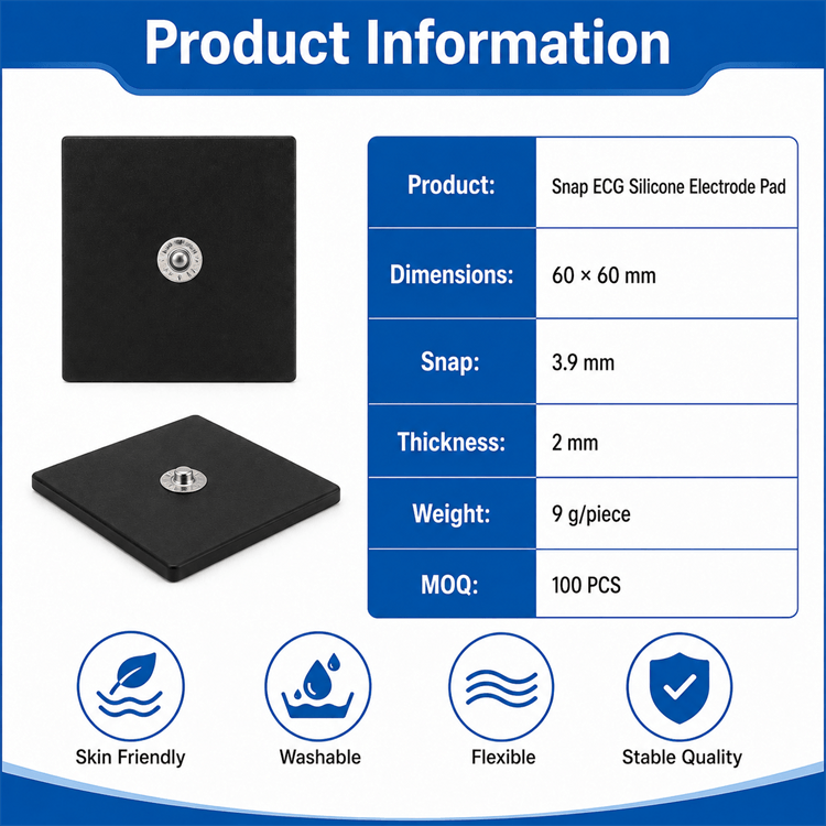 Full view of black 60x60mm snap silicone electrode pad for rehabilitation