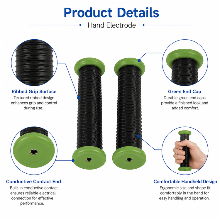 Ergonomic 145 x 60 mm hand electrode applied for nerve stimulation and physiotherapy