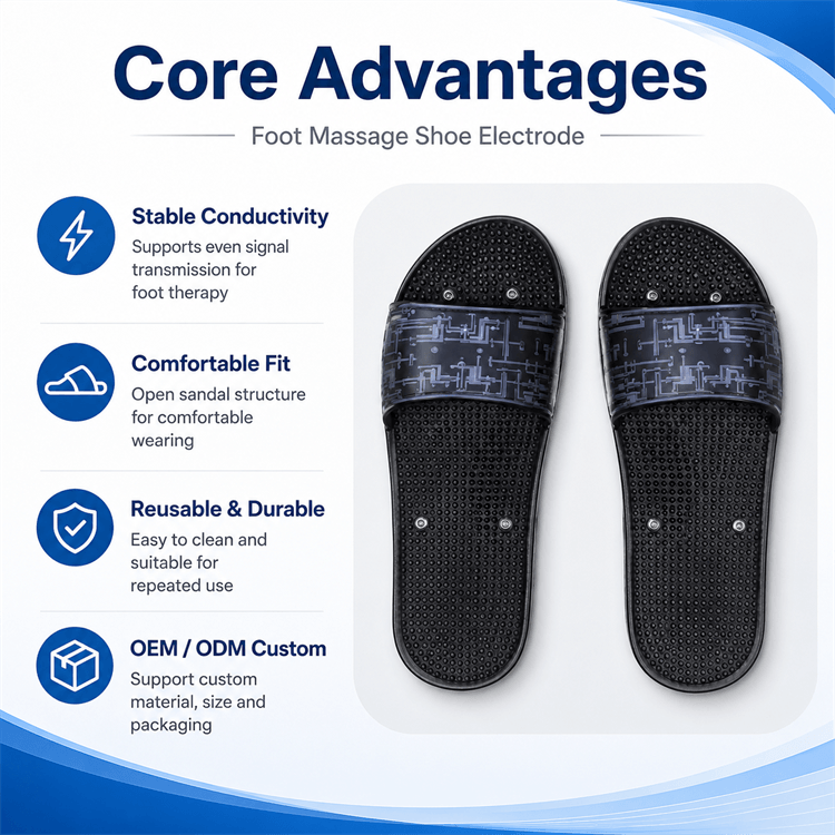 Flexible conductive fabric and rubber sole design of the foot massage electrode shoe