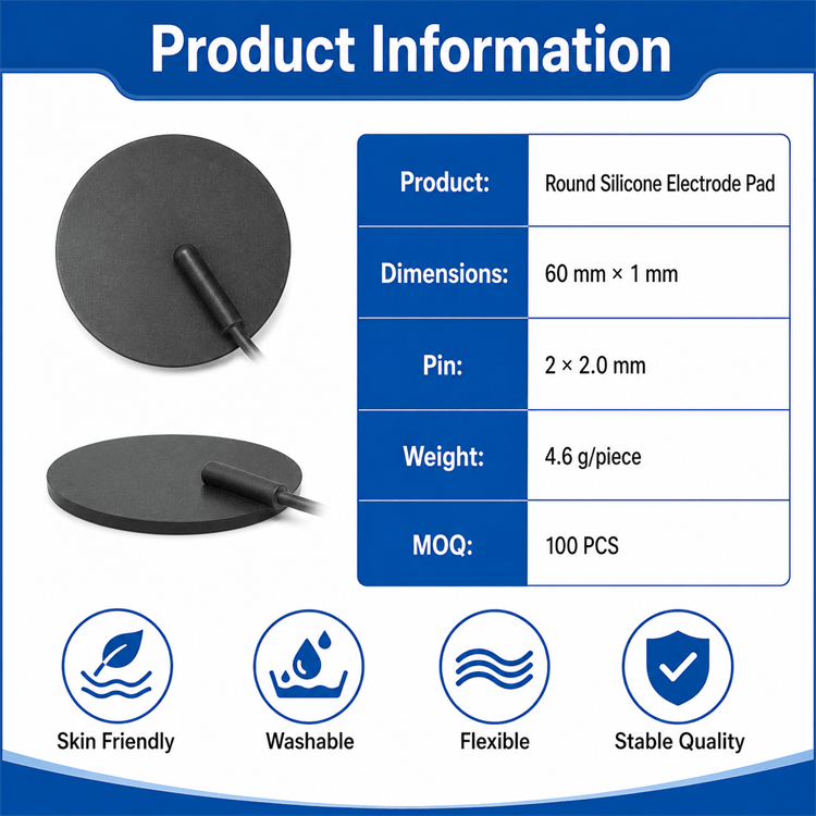 Close-up view of the 60mm round silicone electrode pad and 2.0mm pin connector