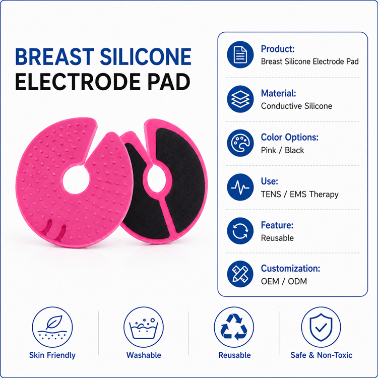 Detailed close-up of the breast silicone electrode pad construction and gel layer