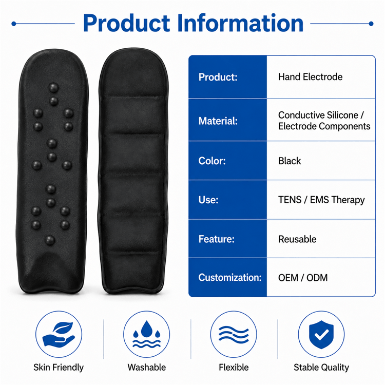 Black flexible silicone hand electrode pad tactile details