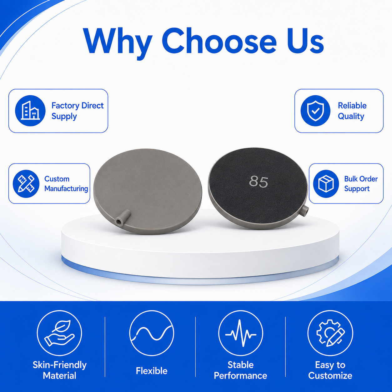 Flexible medical-grade silicone electrode pad showing smooth surface and comfortable application