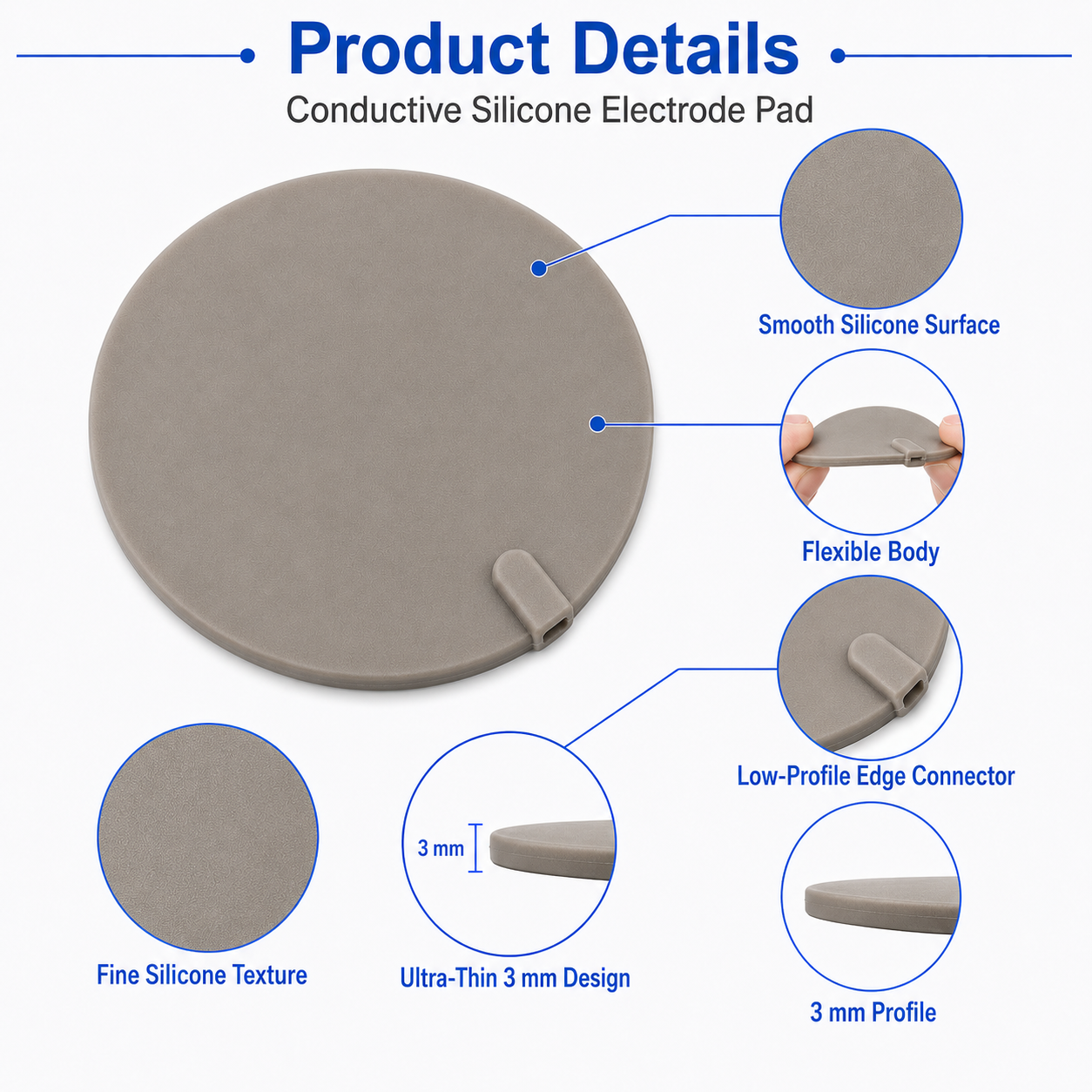 Application of conductive silicone pad on skin for physiotherapy